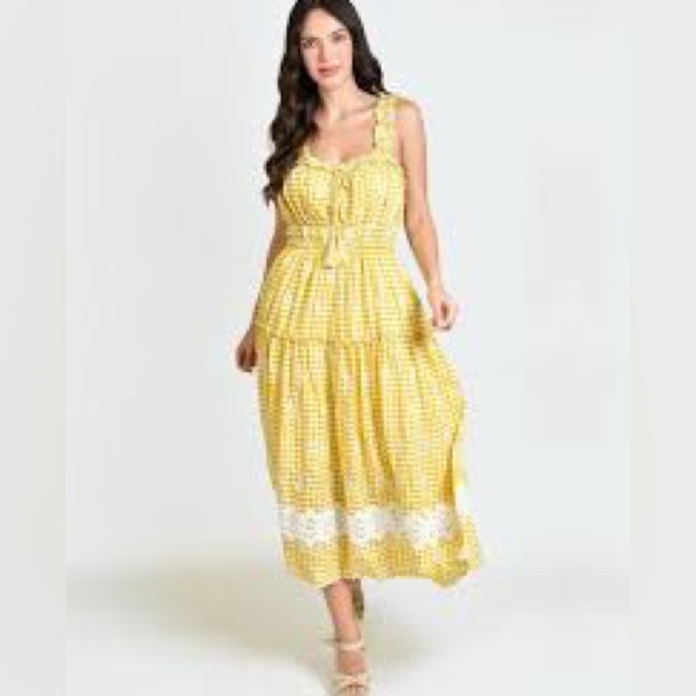 Just Me Yellow Gingham Midi Dress - Picture 2 of 9